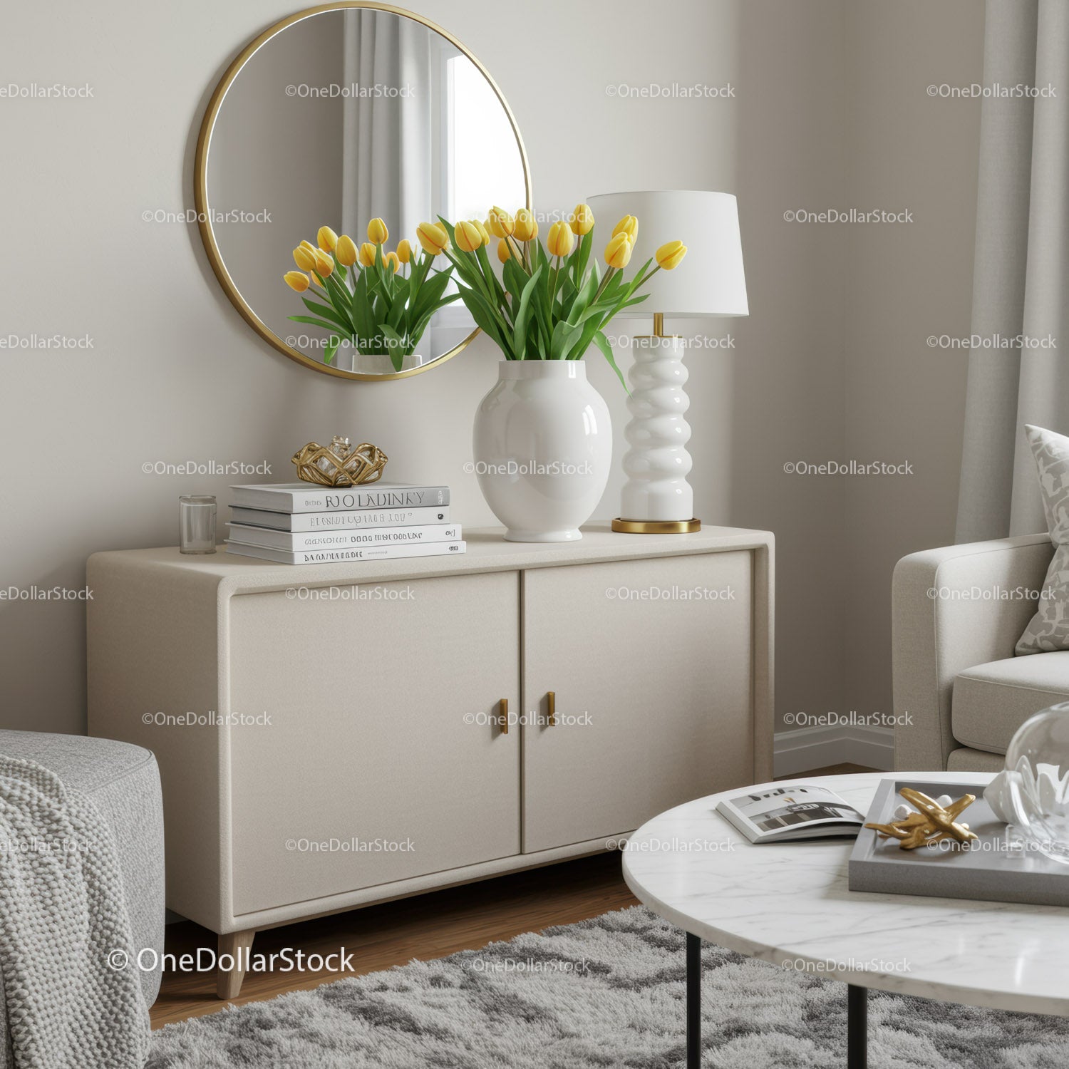 Elegancki wystrój salonu z żółtymi tulipanami i nowoczesnymi dodatkami