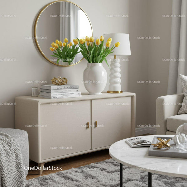Elegant Living Room Decor with Yellow Tulips and Modern Accessories