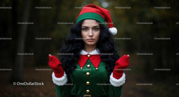 Young woman dressed as Christmas elf in moody forest