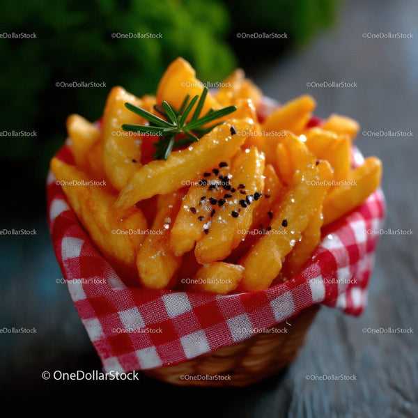 Golden French Fries with Herbs and Black Pepper in Rustic Basket