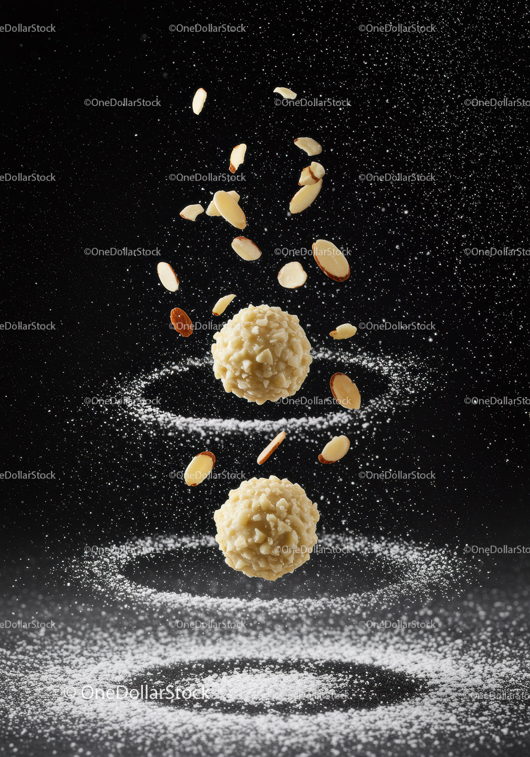 Almond coated truffles with powdered sugar swirls