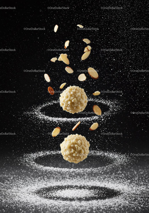 Almond coated truffles with powdered sugar swirls