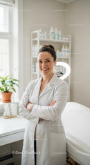 Healthy Female Doctor in White Coat Standing in Medical Clinic