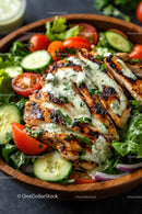 Grilled Chicken Salad with Cherry Tomatoes and Cucumber Slices