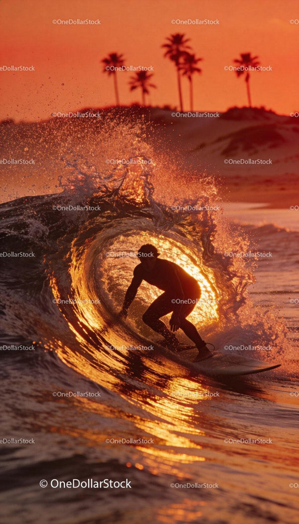 Surfer Riding a Glowing Wave at Sunset