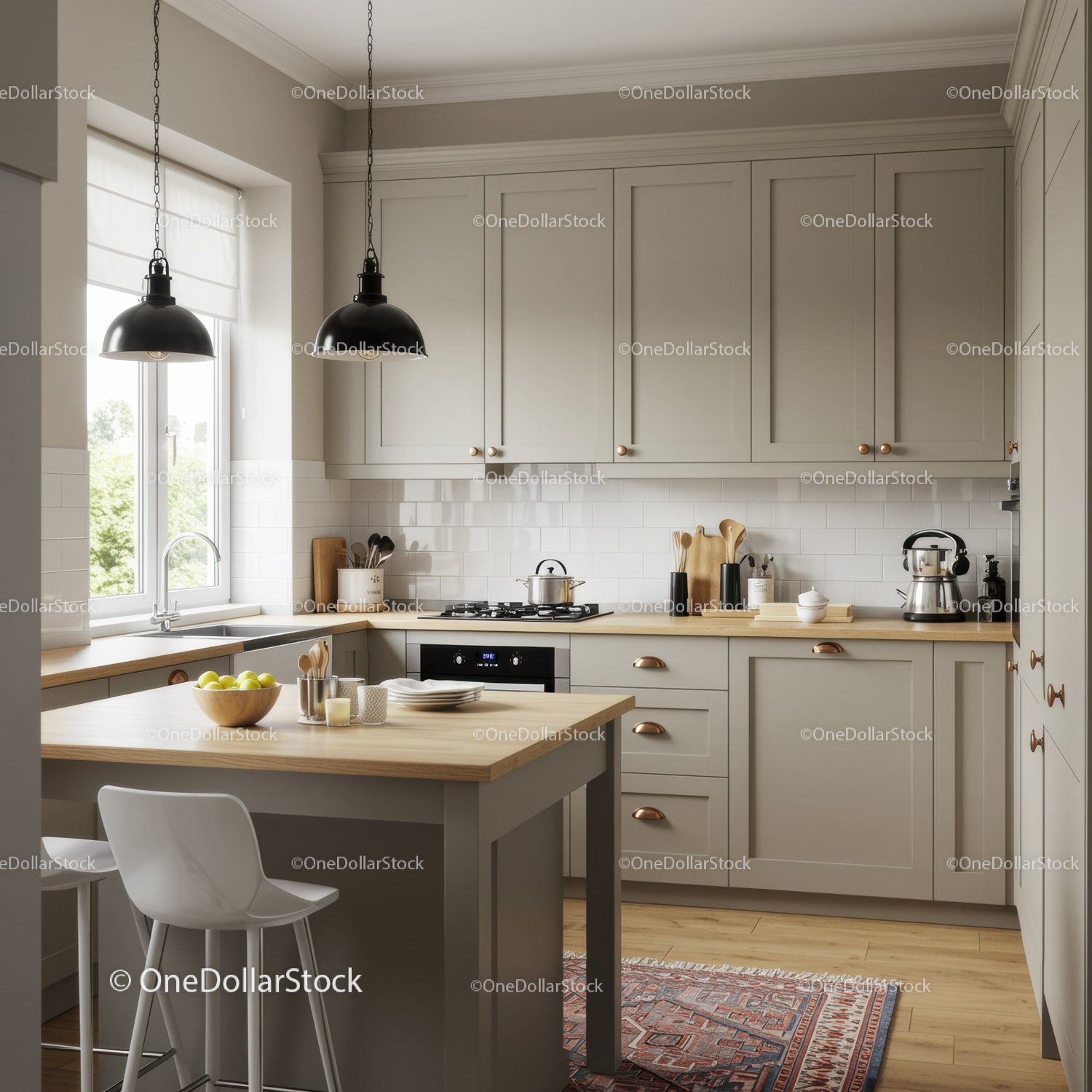 Modern Scandinavian Kitchen with Beige Cabinets and Wooden Countertop