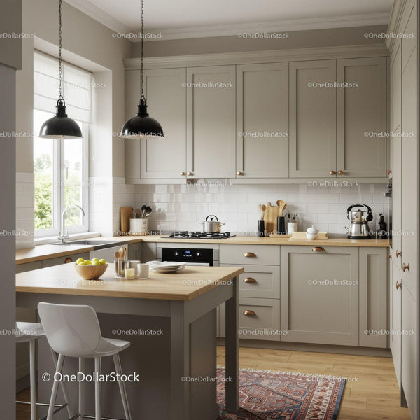 Modern Scandinavian Kitchen with Beige Cabinets and Wooden Countertop