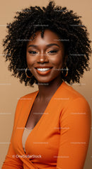 Elegant African American Woman with Curly Hair in Fashionable Orange Blazer