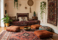 Cozy Bohemian Living Room with Vintage Textiles and Plants