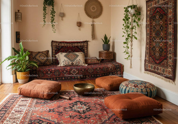 Cozy Bohemian Living Room with Vintage Textiles and Plants