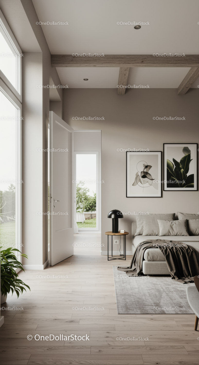 Minimalistyczny salon z naturalnym światłem i wygodną sofą