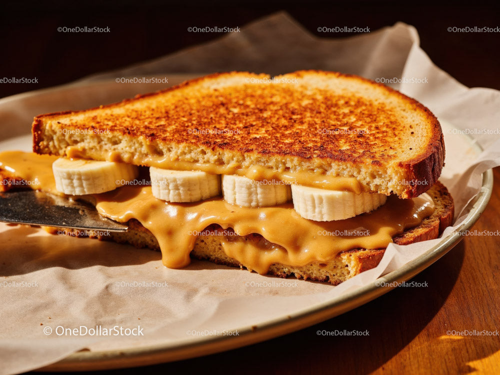 Peanut Butter and Banana Toast Sandwich on Rustic Plate