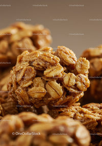 Close up of crunchy oat and nut granola clusters