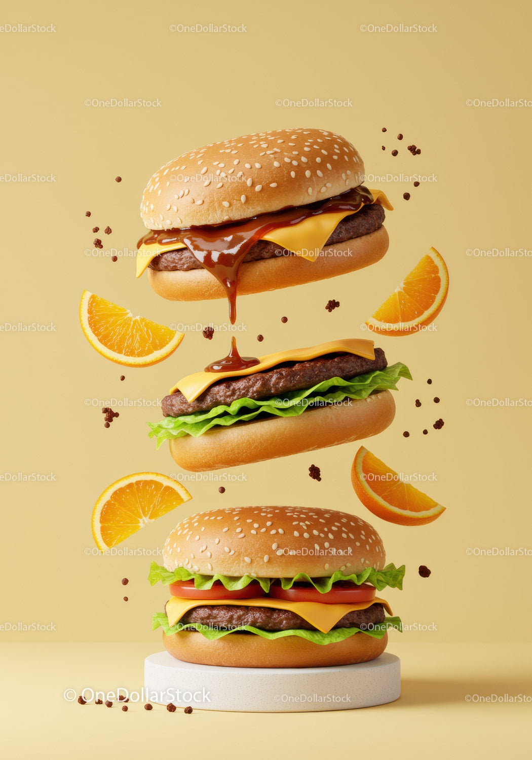 Stacked cheeseburgers with fresh ingredients and sauce drizzle