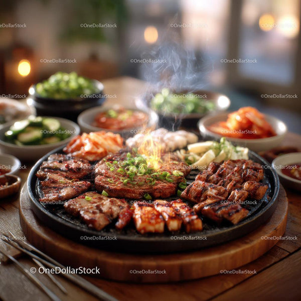 Korean Barbecue Platter with Grilled Meat and Side Dishes Stock Photo Bundle (22 JPG Files)