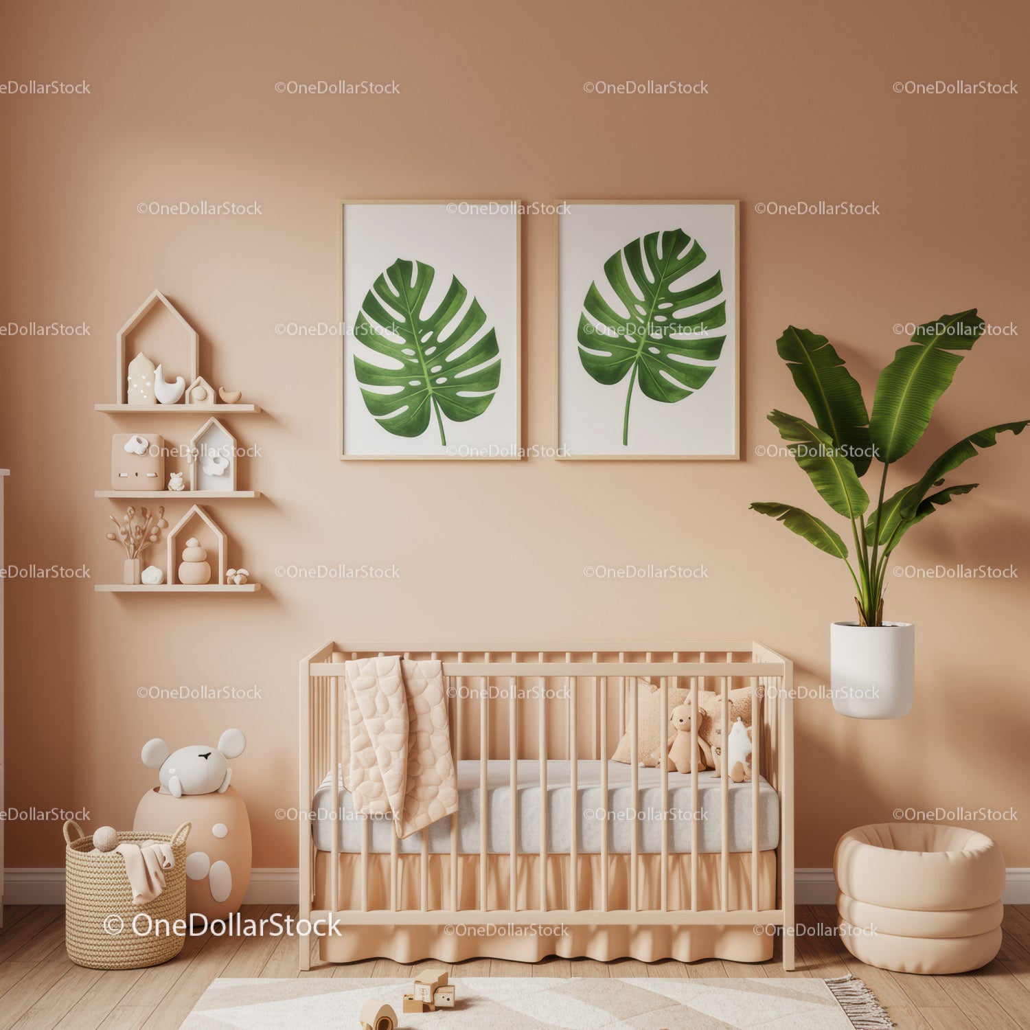Botanical Nursery Room with Monstera Leaf Wall Art and Cozy Crib