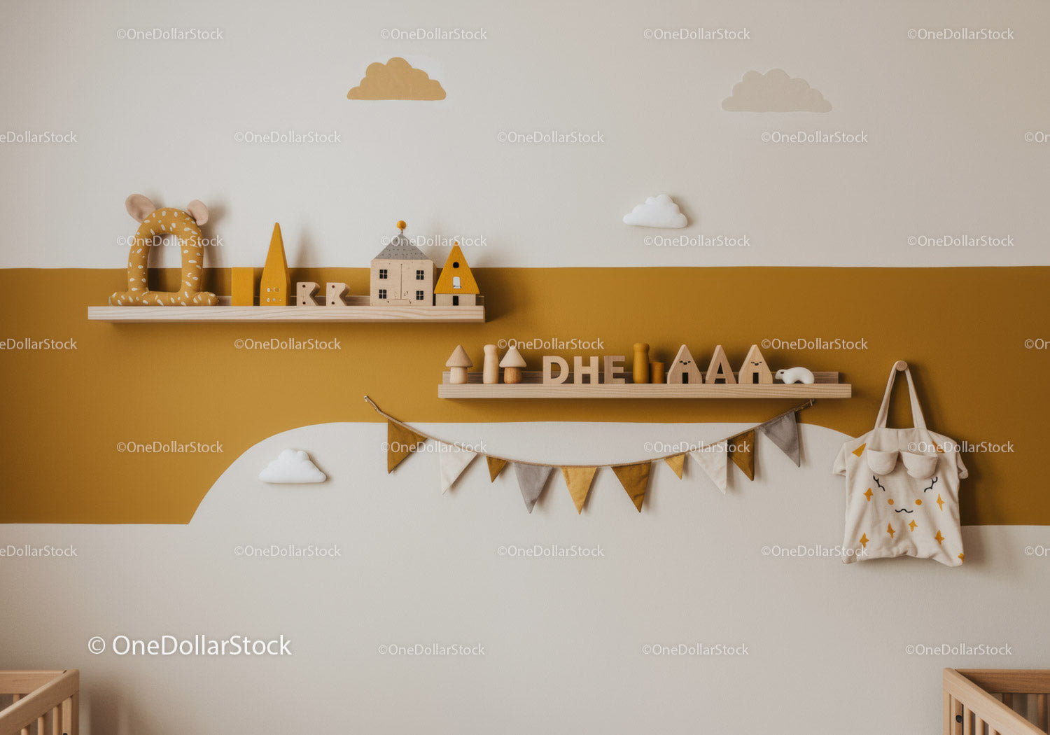 Cozy Nursery with Wooden Toys and Decorative Shelves in Neutral Colors