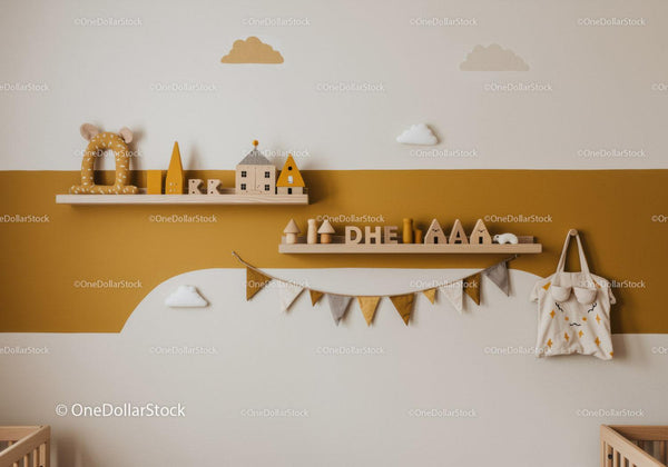 Cozy Nursery with Wooden Toys and Decorative Shelves in Neutral Colors