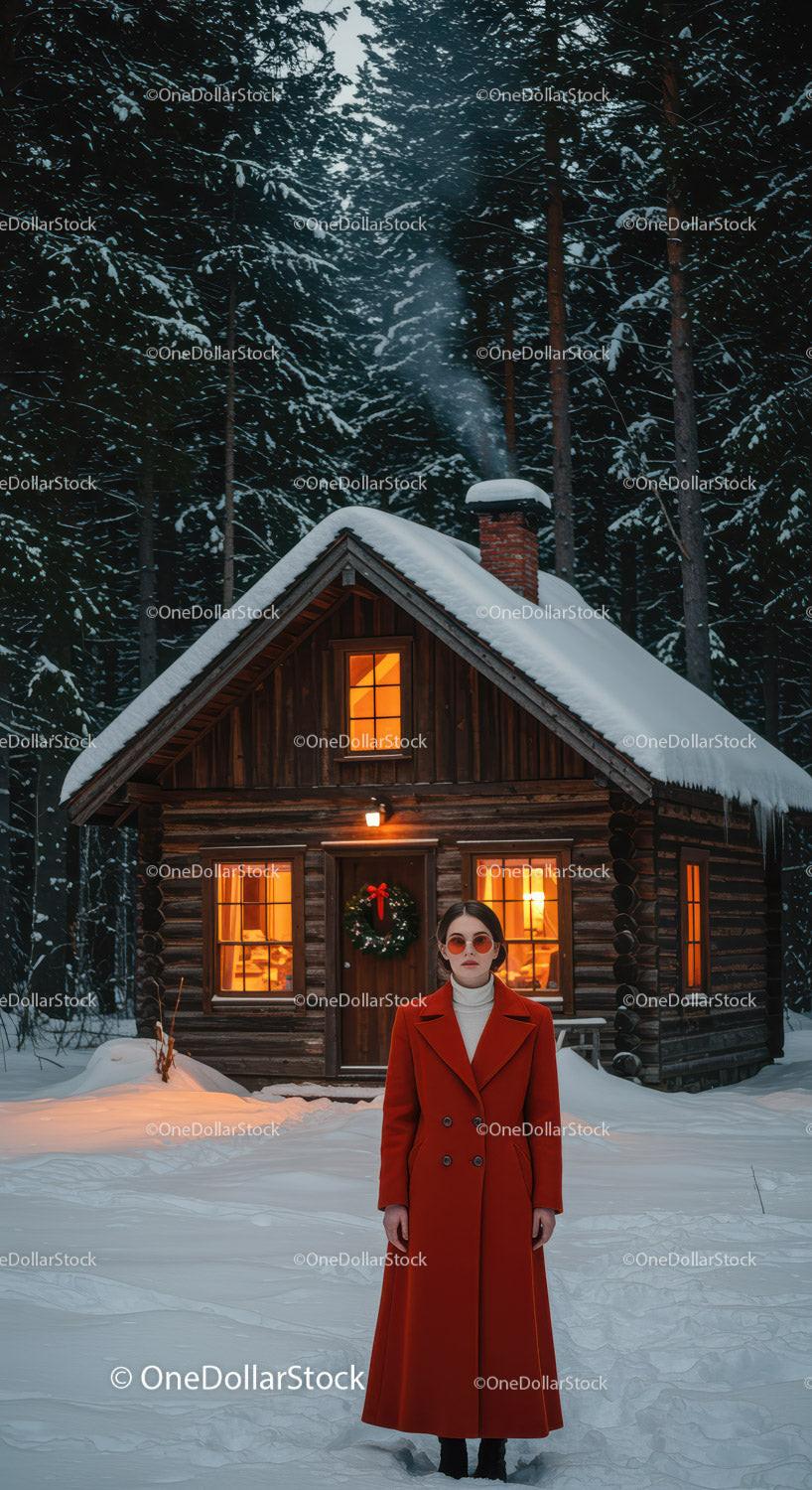 Woman in red coat standing outside cozy snowy cabin