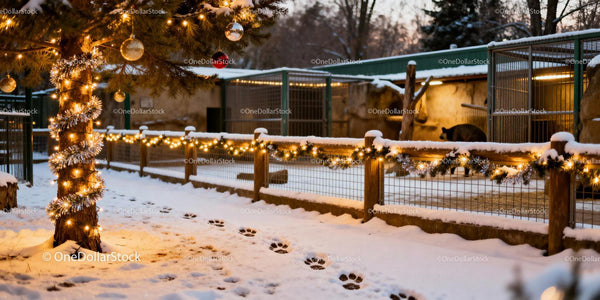 Winter zoo enclosure decorated with festive lights