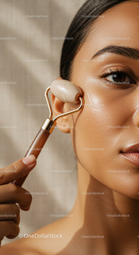 Close-up of a Woman Using Jade Roller for Skin Rejuvenation and Glow