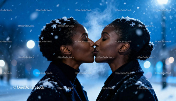 Winter Kiss Between Two Women in Snowy Night