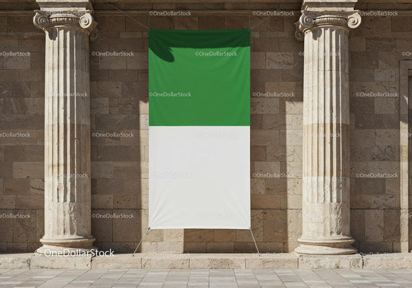 Green and White Banner Hanging Between Stone Columns JPG Mockup Image