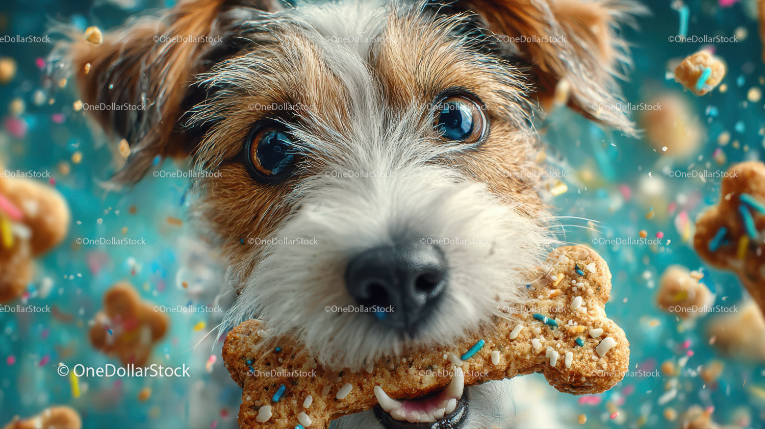 Adorable puppy with bone-shaped cookie surrounded by colorful sprinkles