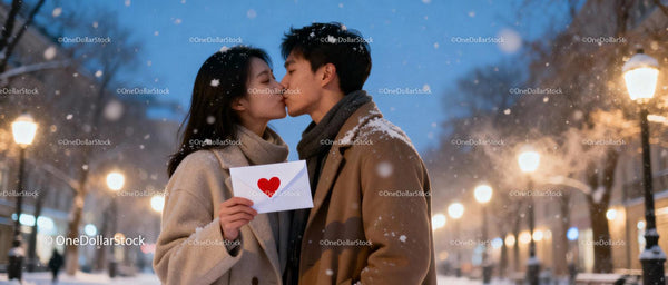 Couple sharing a tender kiss in snowy romantic evening