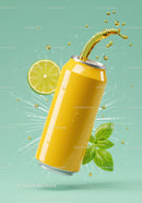 Refreshing Citrus Drink Splashing from Yellow Can