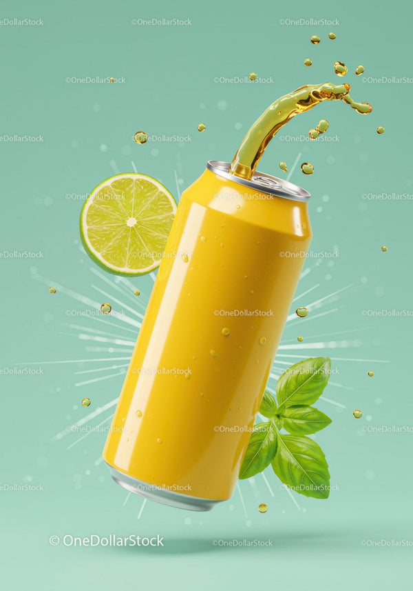 Refreshing Citrus Drink Splashing from Yellow Can JPG Mockup Image