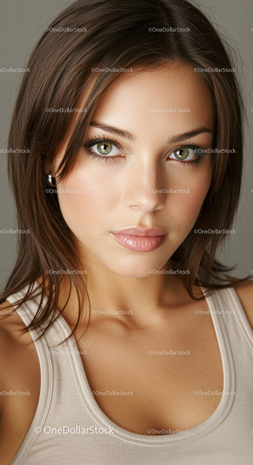 Elegant woman with striking green eyes and soft makeup