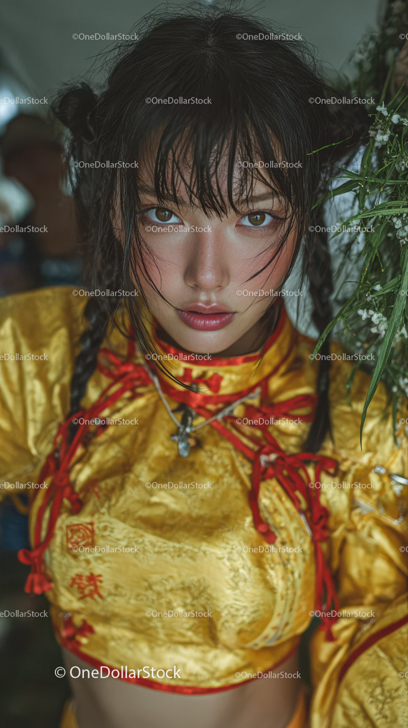 Portrait of a Young Woman in Traditional Asian Dress with Intense Expression