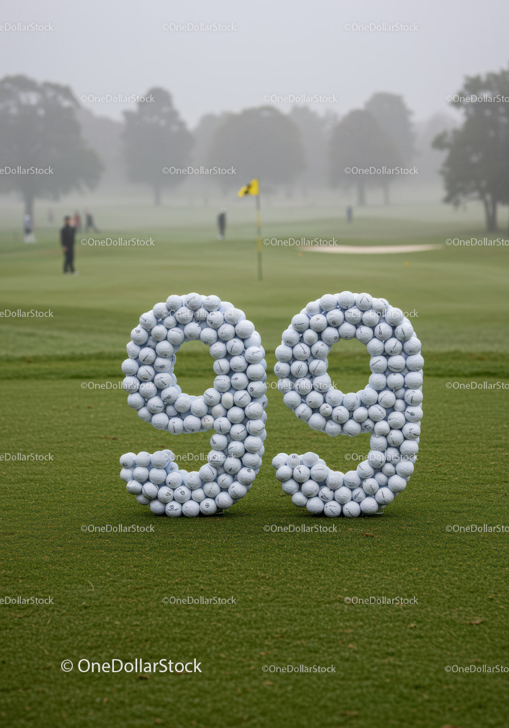 Number 99 sculpted with golf balls on green course
