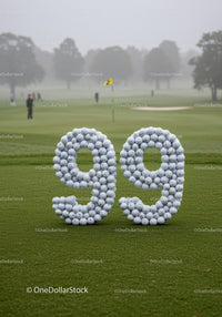 Number 99 sculpted with golf balls on green course