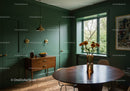 Elegant Green Walled Dining Room with Sunflower Centerpiece and Natural Light