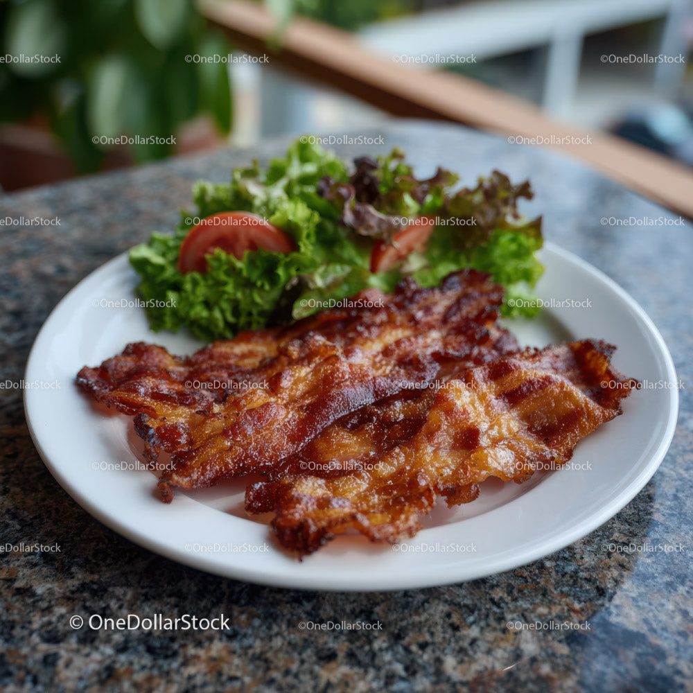 Grilled Bacon Steak with Lettuce and Tomato Slices on White Plate