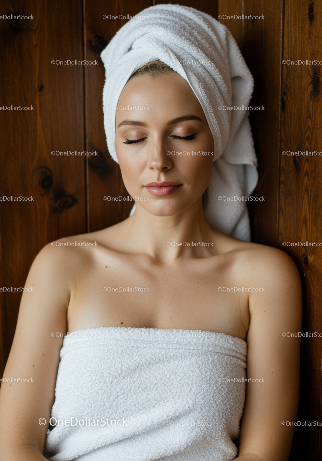 Relaxed Woman with Towel and Spa Wrap in Wooden Room