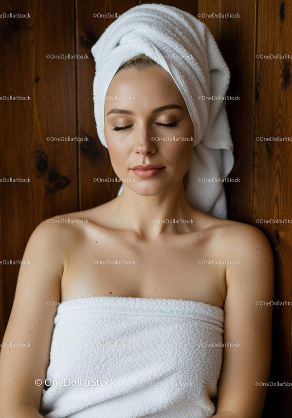 Zrelaksowana kobieta z ręcznikiem i spa w drewnianym pokoju