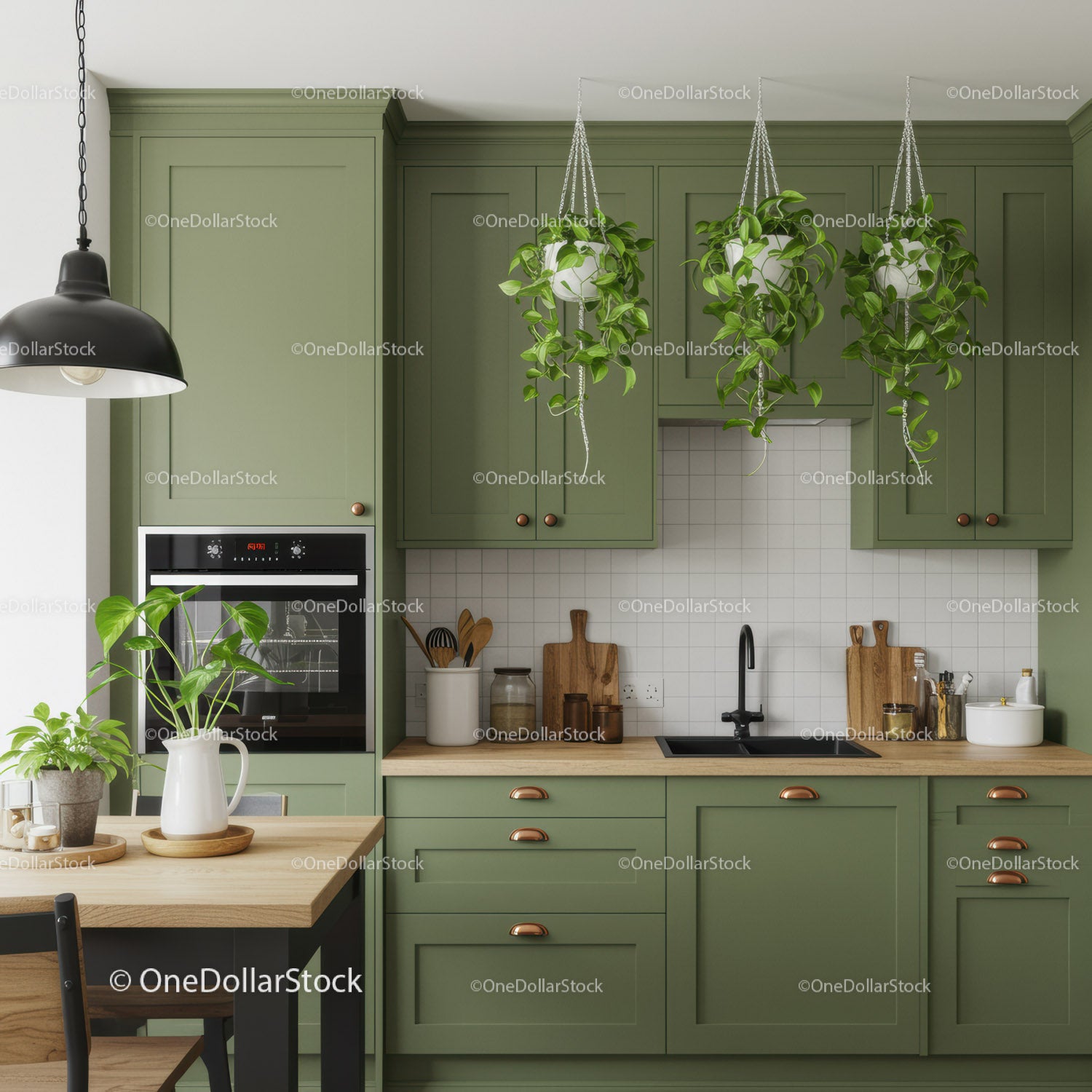 Modern Green Kitchen with Hanging Plants and Wooden Details
