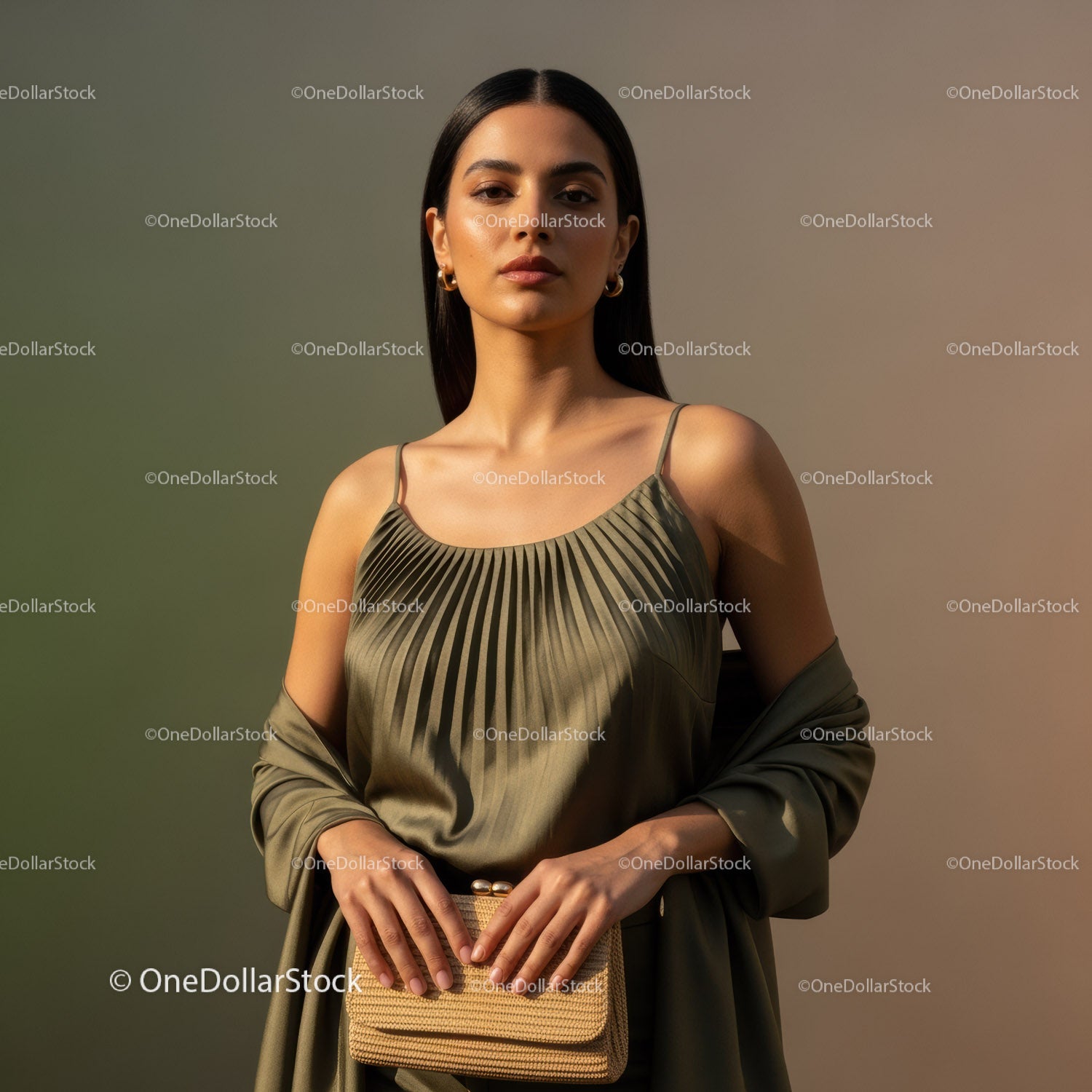 Elegant Woman in Beige Satin Top and Gold Earrings Fashion Portrait
