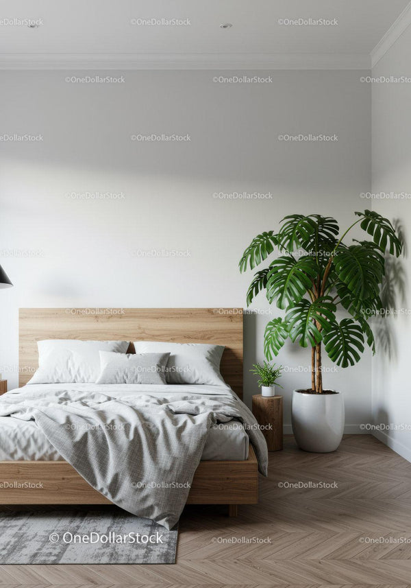 Elegancka nowoczesna sypialnia z dużą rośliną Monstera i naturalnym światłem