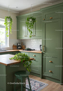 Stylish Green Kitchen with Hanging Plants and Wooden Elements for Modern Homes