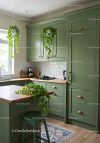 Stylish Green Kitchen with Hanging Plants and Wooden Elements for Modern Homes