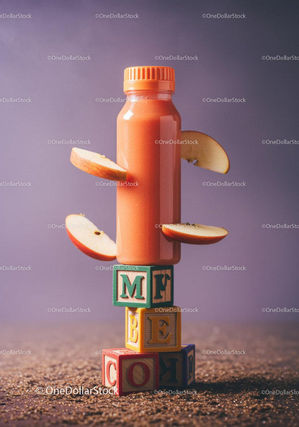 Orange smoothie bottle with apple slices on blocks JPG Mockup Image