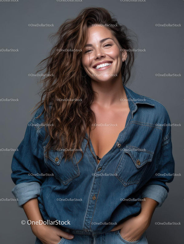 Portrait of a Happy Young Woman Wearing a Denim Jacket