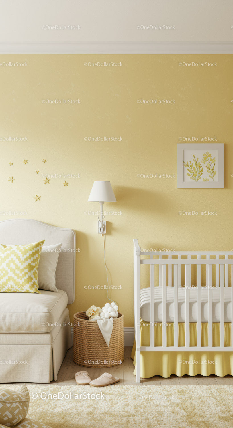 Bright Yellow Baby Nursery with Cozy Crib and Floral Wall Art