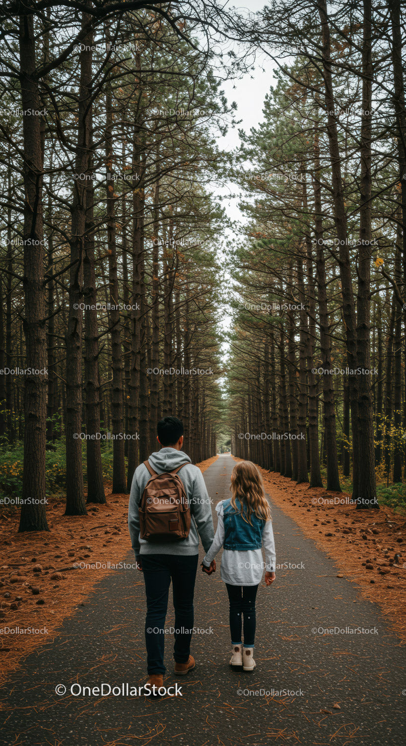 Father and daughter walking hand in hand in forest