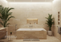 Elegant Beige Stone Bathroom with Indoor Plants and Modern Bathtub