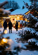 Snow-covered pine tree in cozy winter evening scene